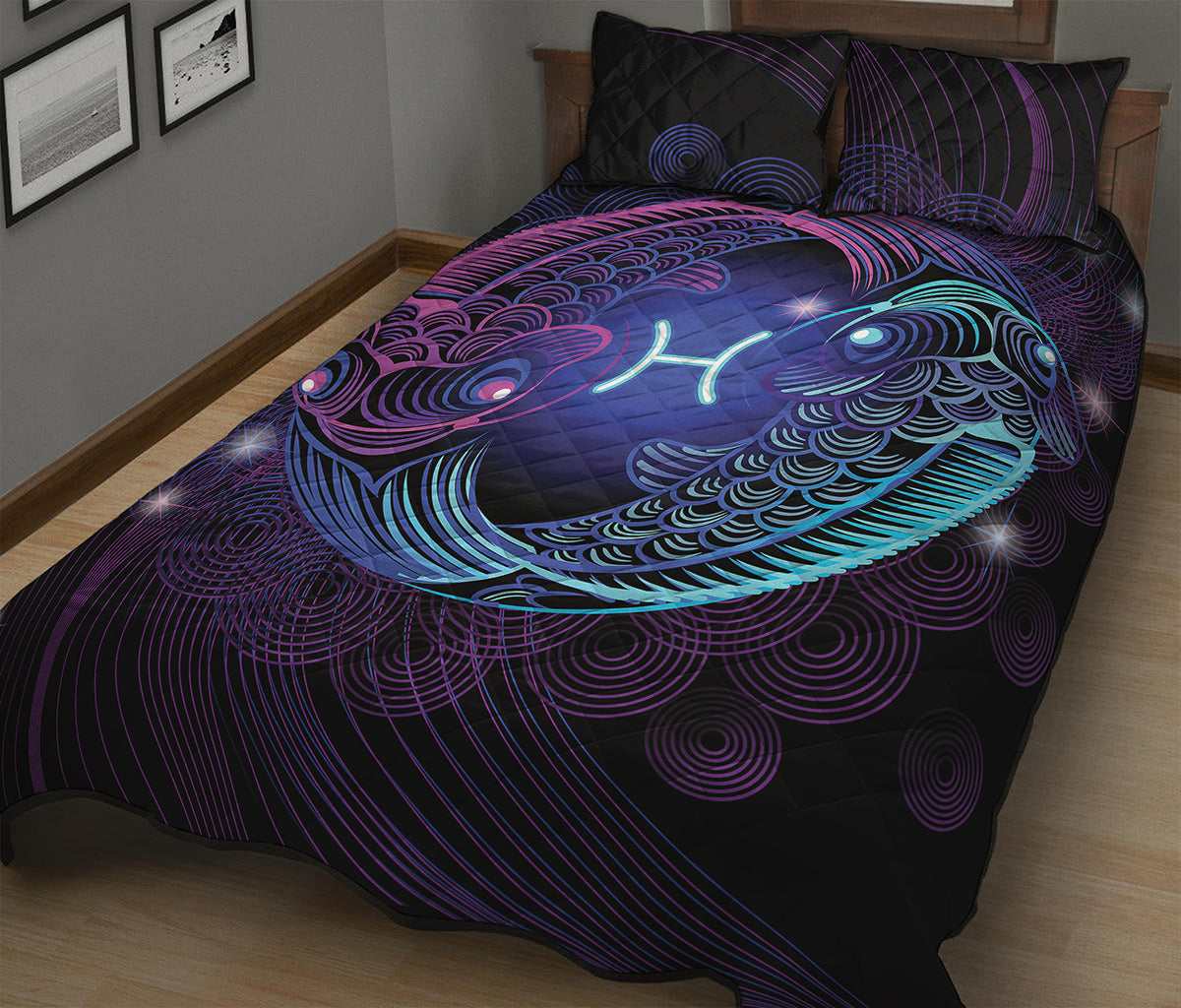Dark Pisces Zodiac Sign Print Quilt Bed Set