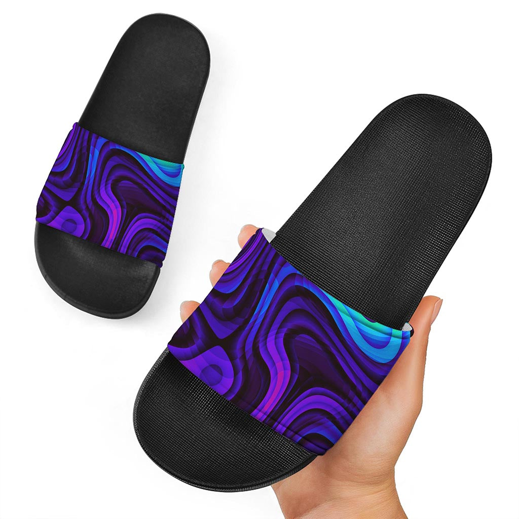Dark Psychedelic Trippy Print Black Slide Sandals