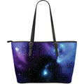 Dark Purple Blue Galaxy Space Print Leather Tote Bag With Zipper