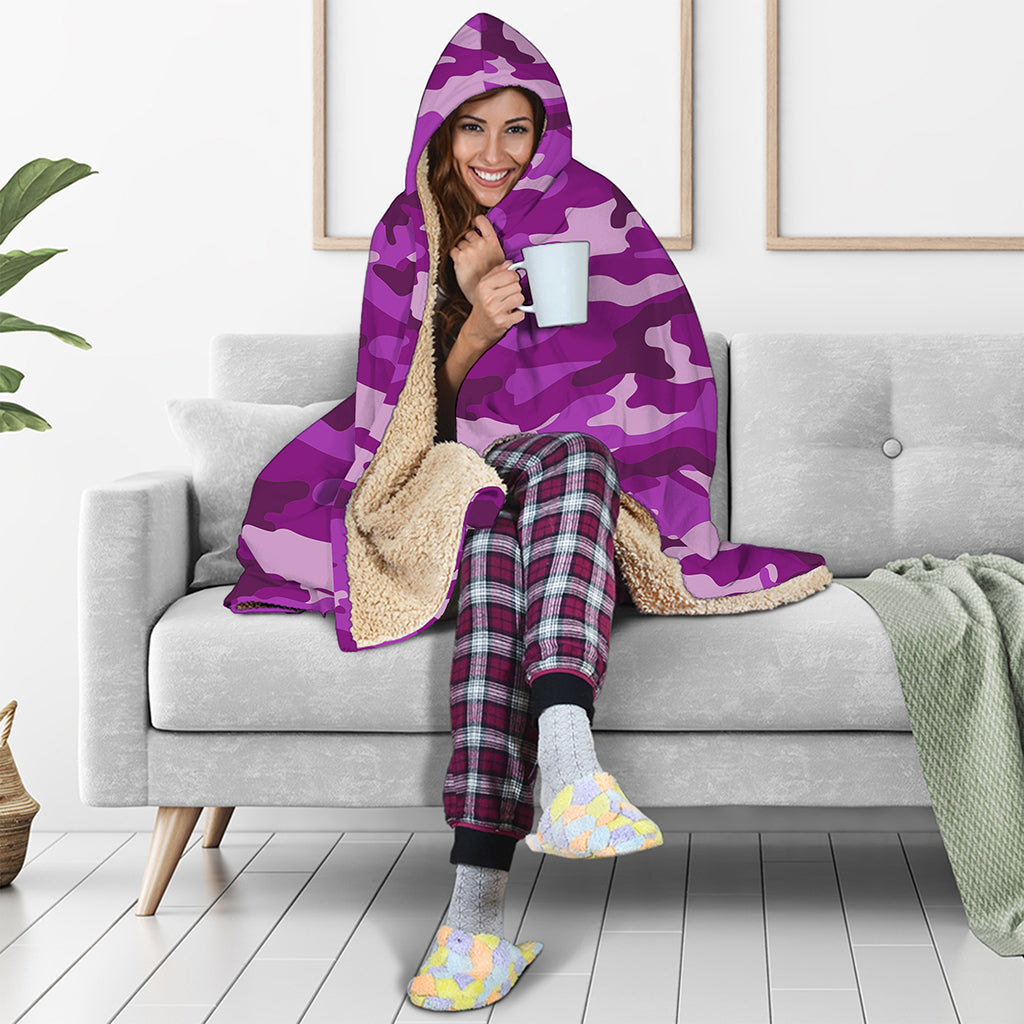 Dark Purple Camouflage Print Hooded Blanket