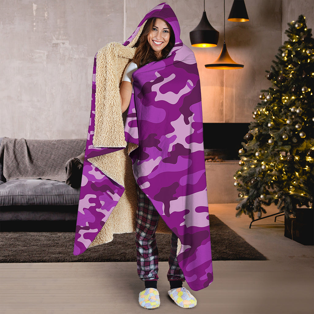 Dark Purple Camouflage Print Hooded Blanket