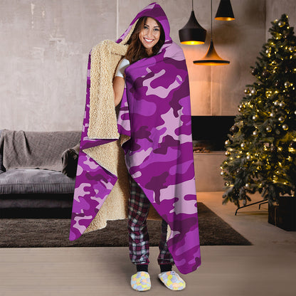 Dark Purple Camouflage Print Hooded Blanket