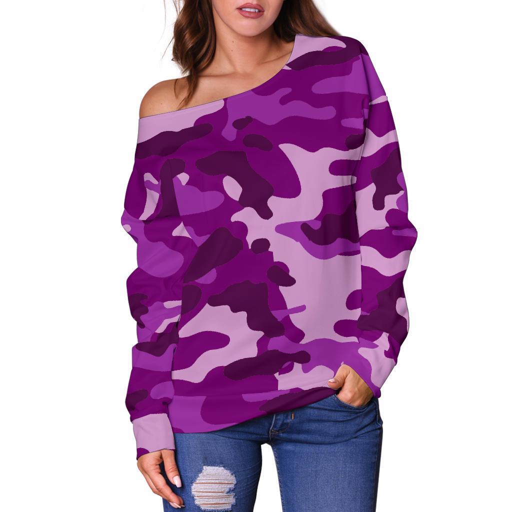 Dark Purple Camouflage Print Off Shoulder Sweatshirt GearFrost