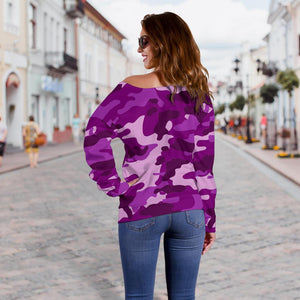 Dark Purple Camouflage Print Off Shoulder Sweatshirt GearFrost