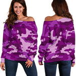 Dark Purple Camouflage Print Off Shoulder Sweatshirt GearFrost