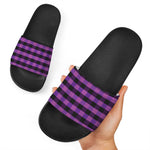Dark Purple Check Pattern Print Black Slide Sandals