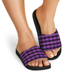 Dark Purple Check Pattern Print Black Slide Sandals