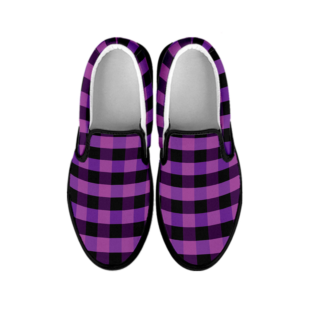 Dark Purple Check Pattern Print Black Slip On Shoes