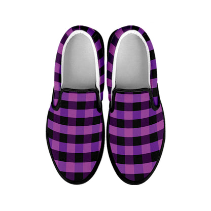 Dark Purple Check Pattern Print Black Slip On Shoes