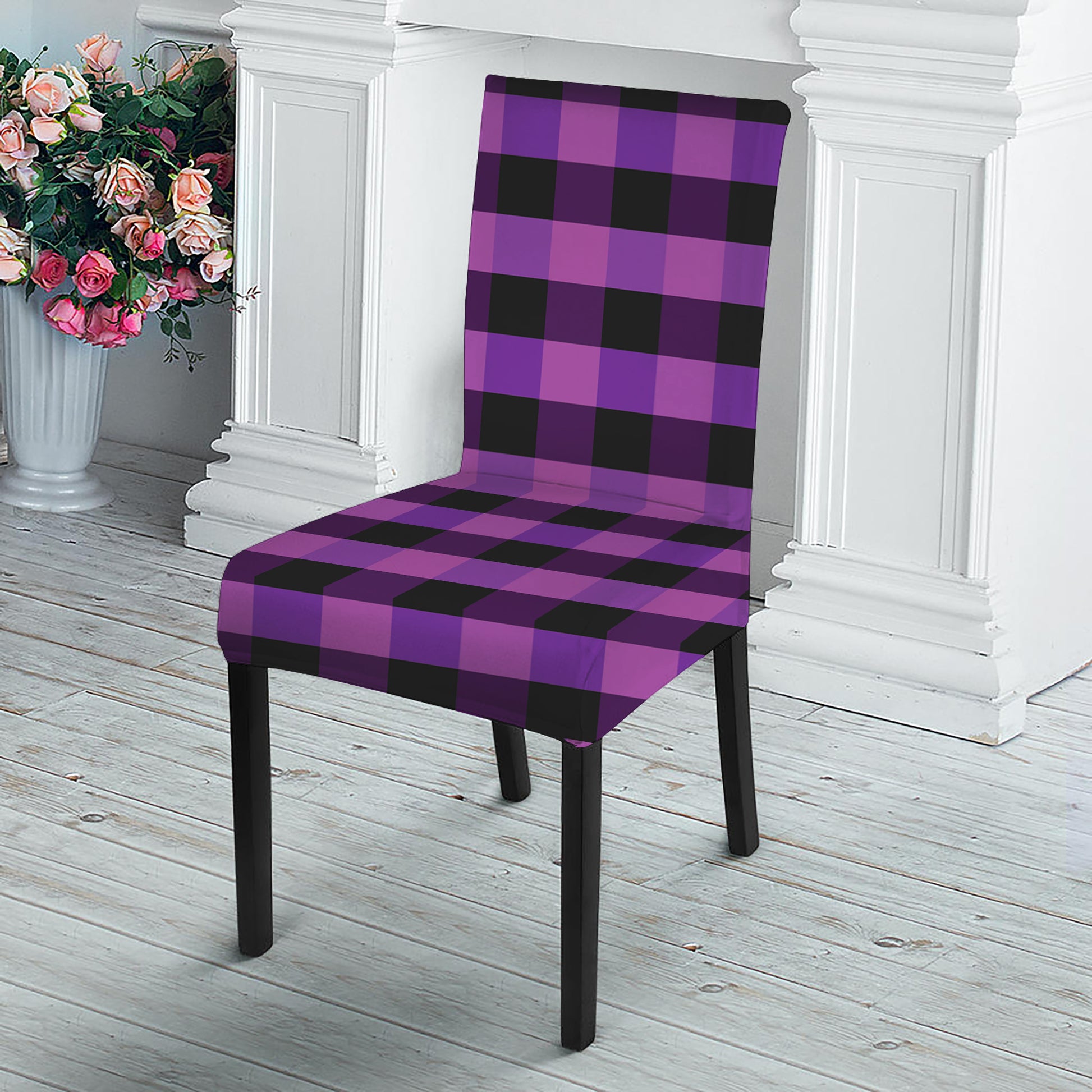 Dark Purple Check Pattern Print Dining Chair Slipcover