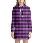 Dark Purple Check Pattern Print Hoodie Dress
