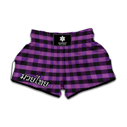Dark Purple Check Pattern Print Muay Thai Boxing Shorts