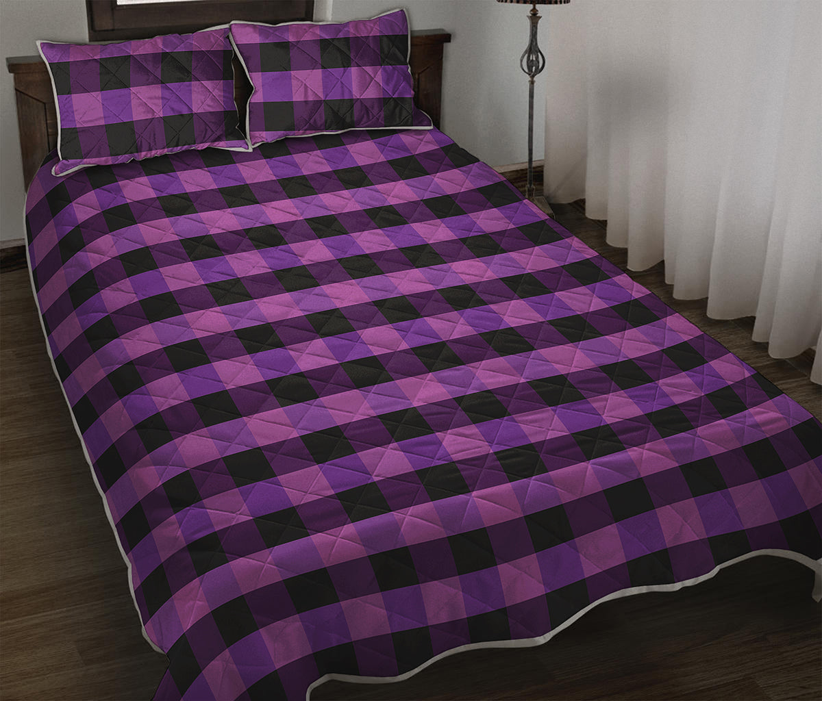 Dark Purple Check Pattern Print Quilt Bed Set