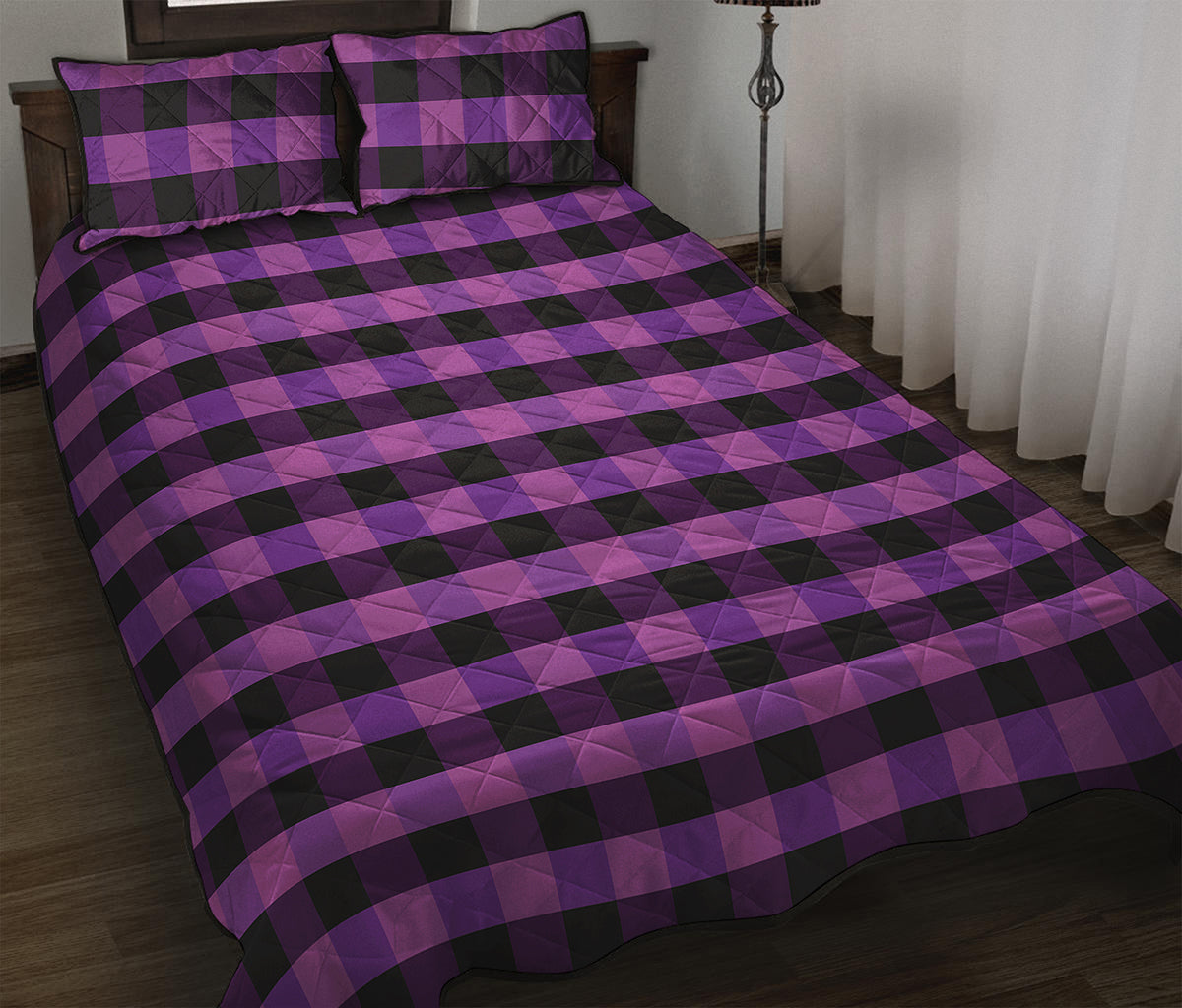 Dark Purple Check Pattern Print Quilt Bed Set