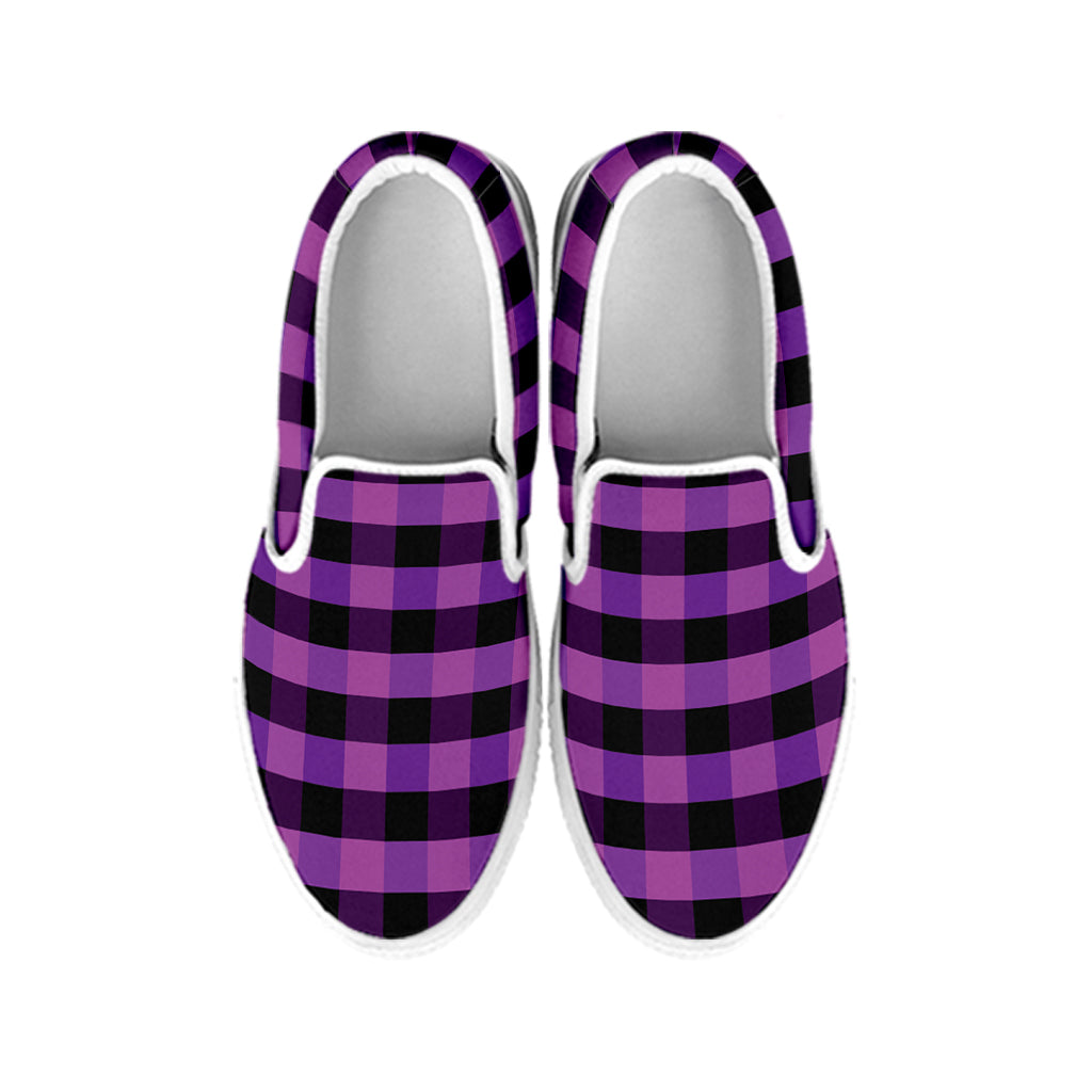 Dark Purple Check Pattern Print White Slip On Shoes