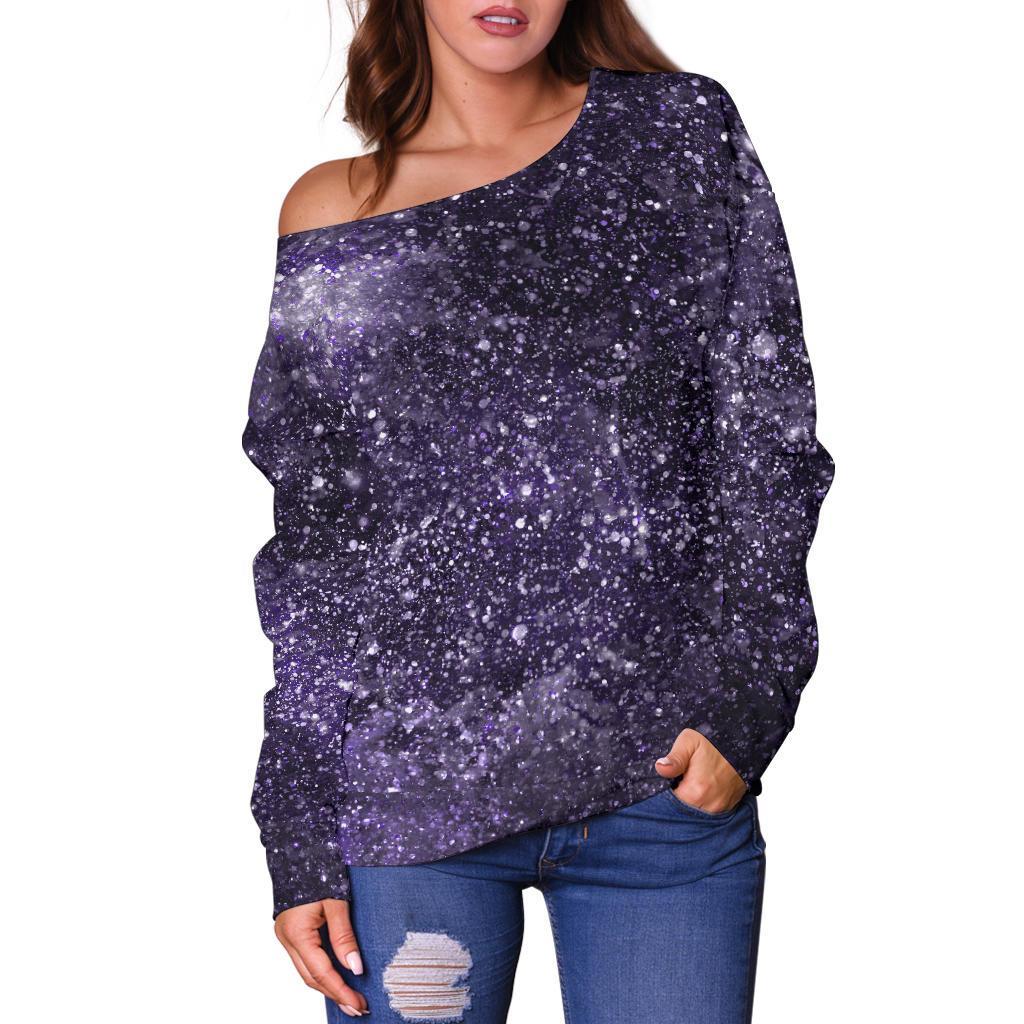 Dark Purple Cosmos Galaxy Space Print Off Shoulder Sweatshirt GearFrost