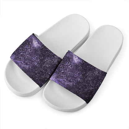 Dark Purple Cosmos Galaxy Space Print White Slide Sandals