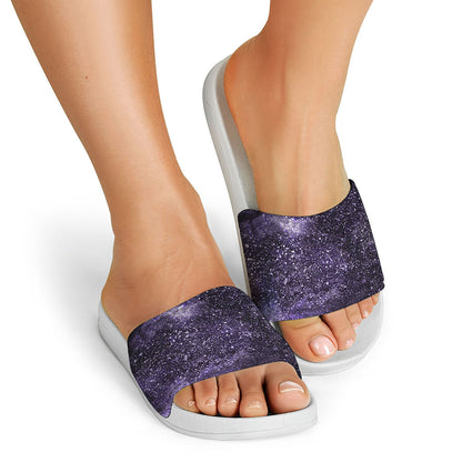Dark Purple Cosmos Galaxy Space Print White Slide Sandals