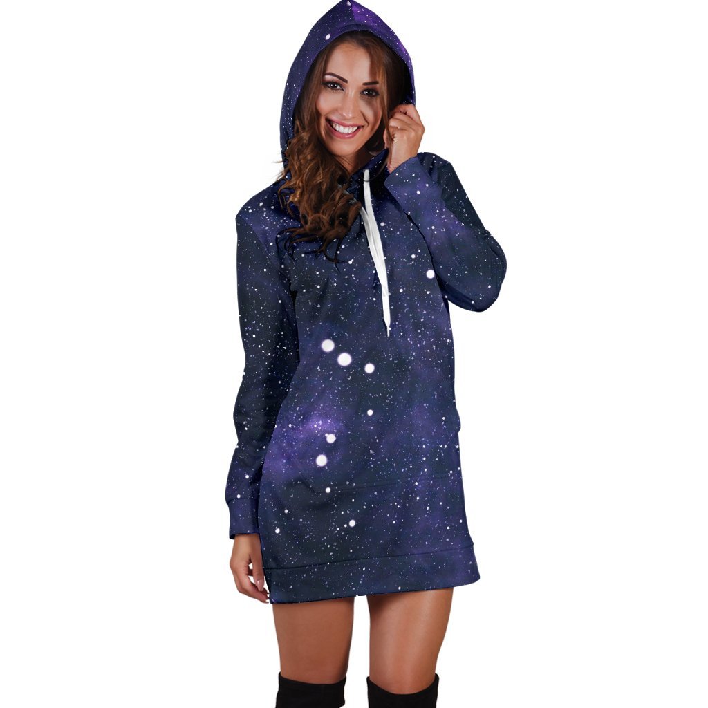 Dark Purple Galaxy Outer Space Print Hoodie Dress GearFrost