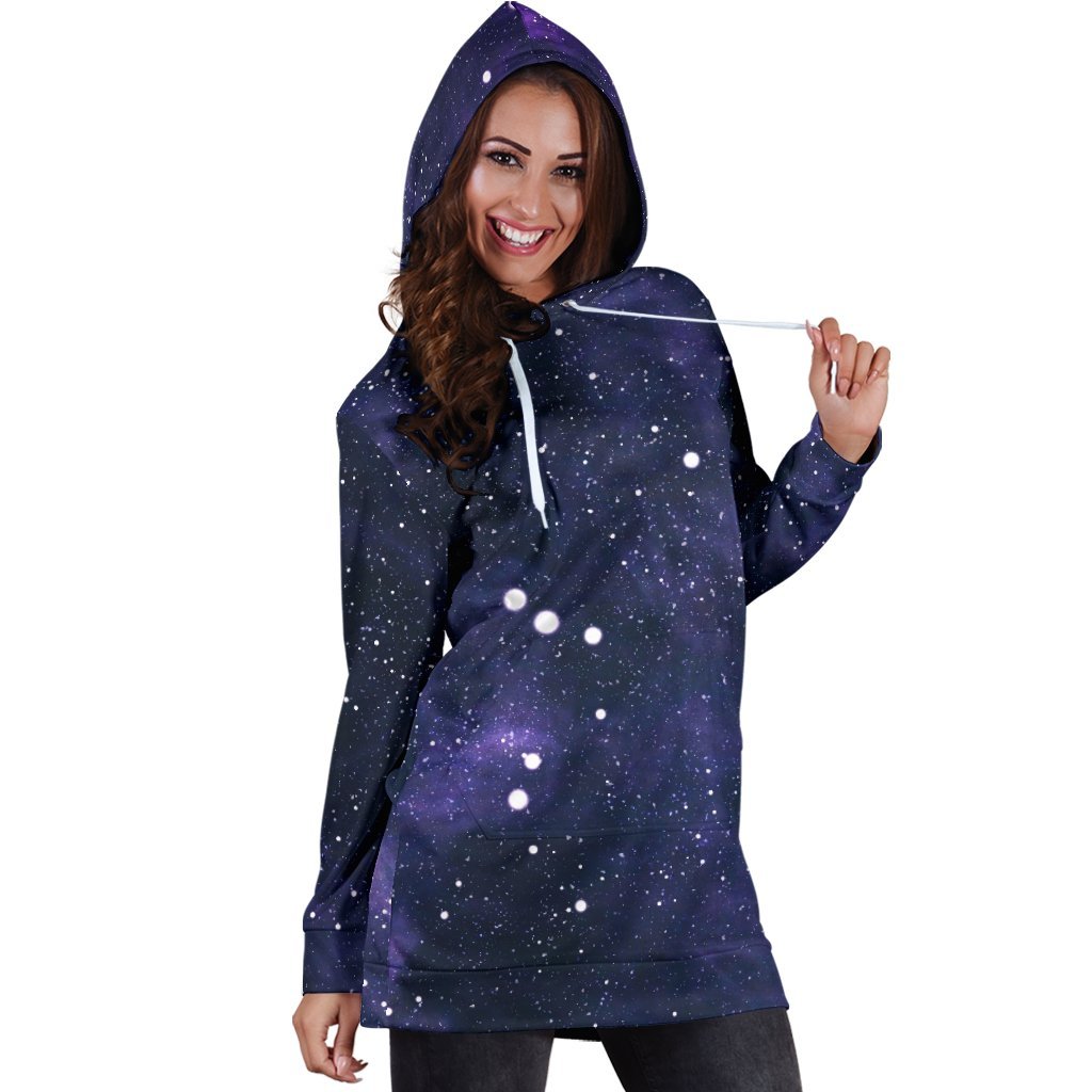 Dark Purple Galaxy Outer Space Print Hoodie Dress GearFrost