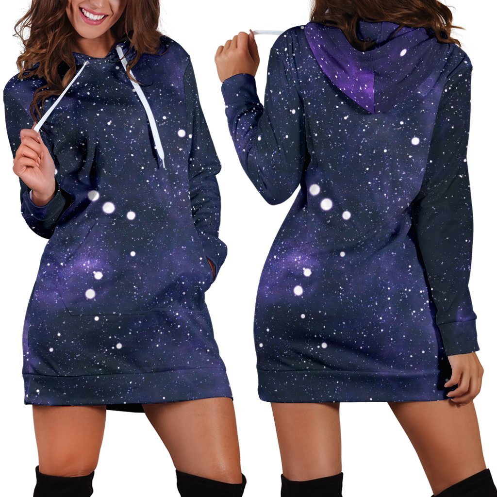 Dark Purple Galaxy Outer Space Print Hoodie Dress GearFrost