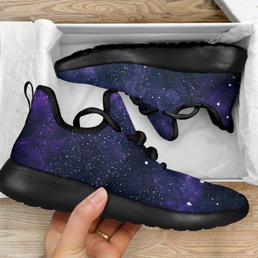 Dark Purple Galaxy Outer Space Print Mesh Knit Shoes GearFrost