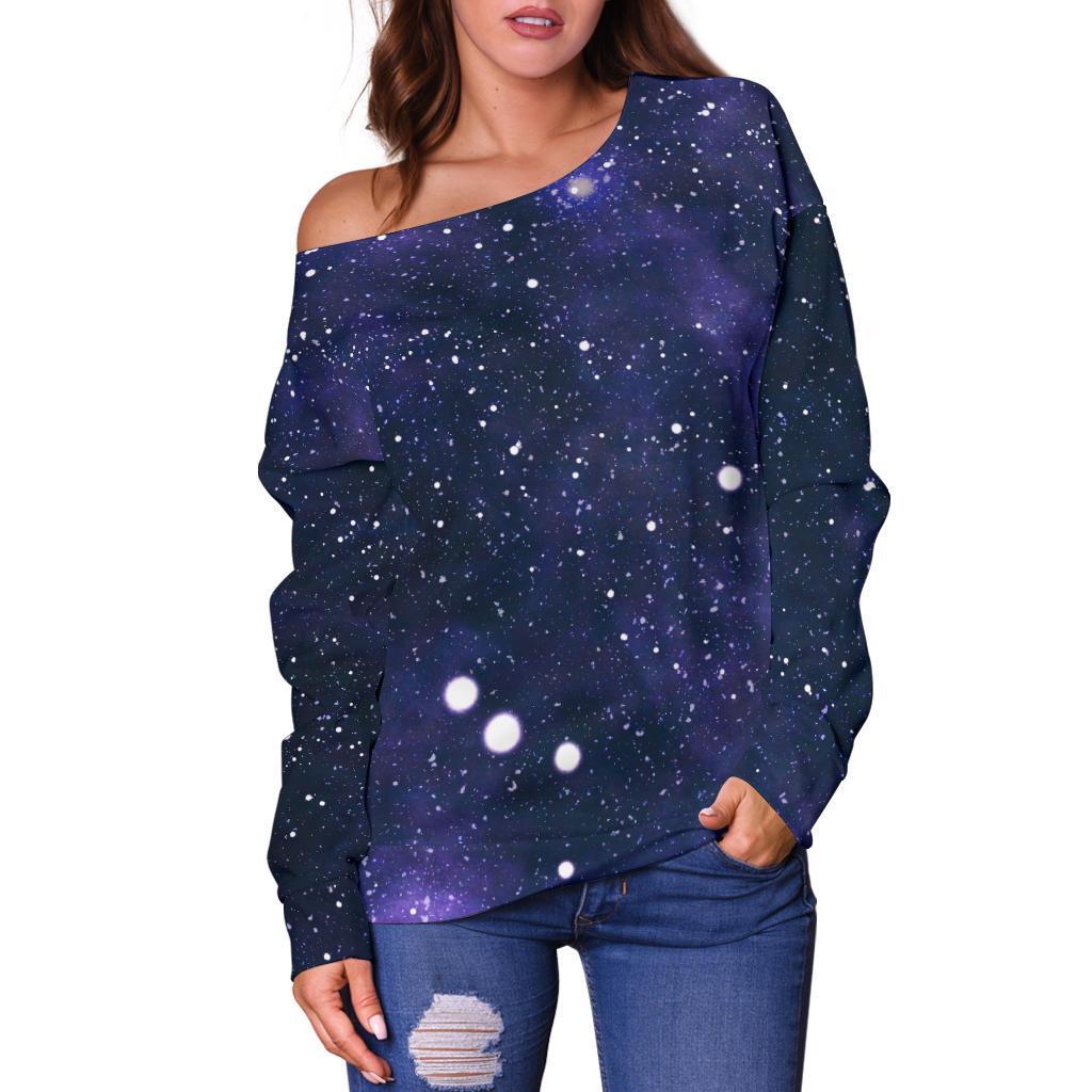 Dark Purple Galaxy Outer Space Print Off Shoulder Sweatshirt GearFrost