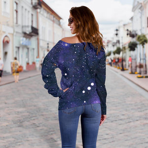 Dark Purple Galaxy Outer Space Print Off Shoulder Sweatshirt GearFrost