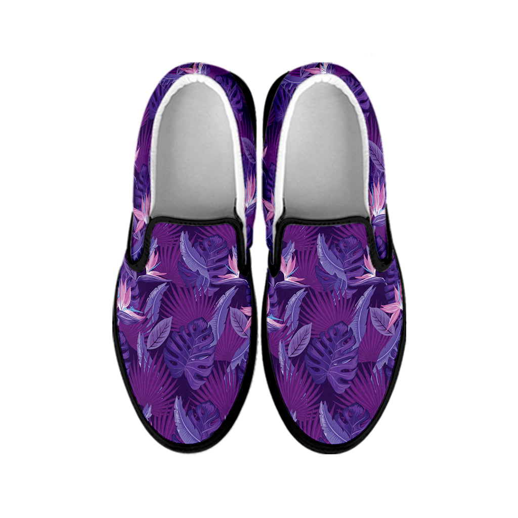 Dark Purple Hawaiian Tropical Print Black Slip On Shoes