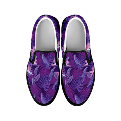 Dark Purple Hawaiian Tropical Print Black Slip On Shoes