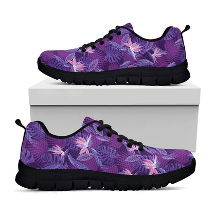 Dark Purple Hawaiian Tropical Print Black Sneakers