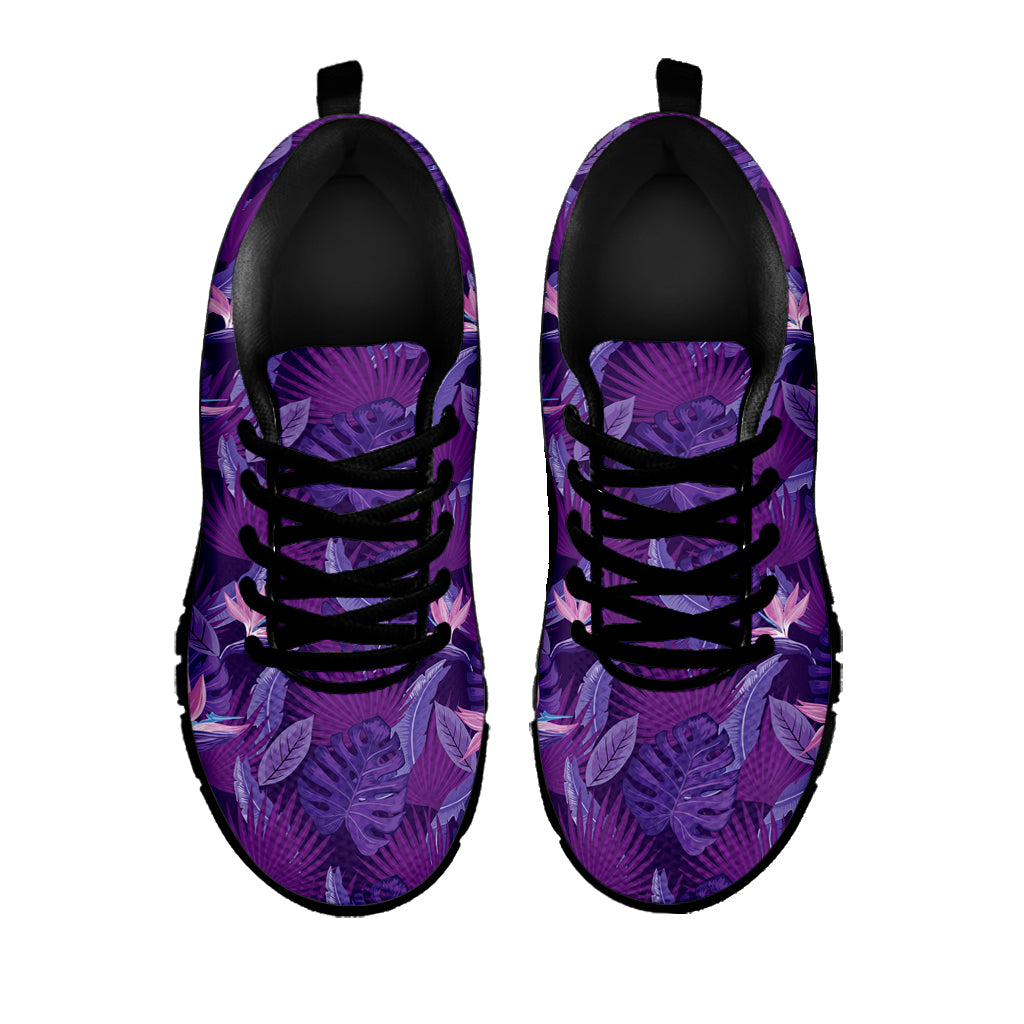Dark Purple Hawaiian Tropical Print Black Sneakers
