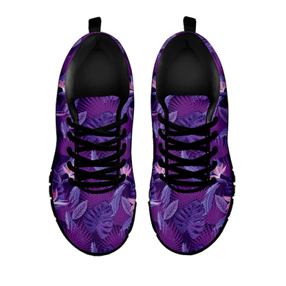 Dark Purple Hawaiian Tropical Print Black Sneakers