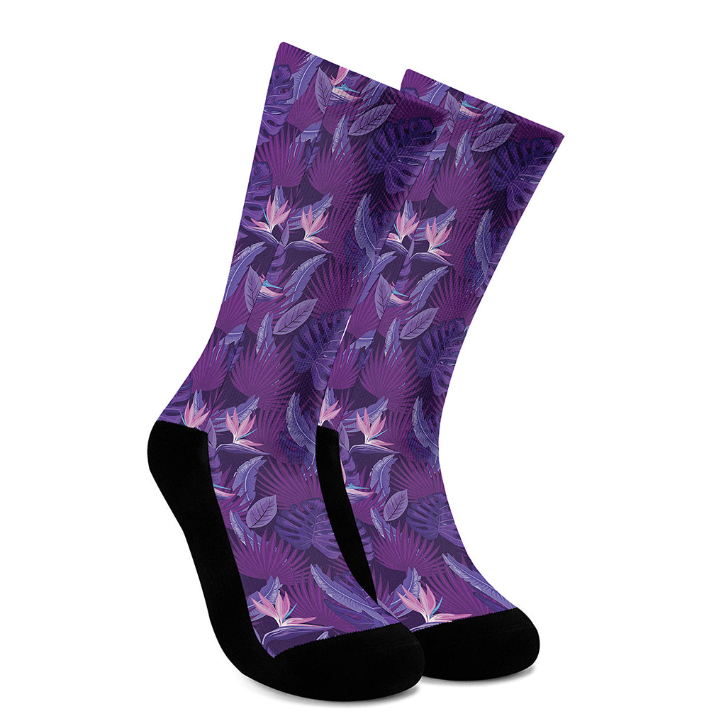 Dark Purple Hawaiian Tropical Print Crew Socks