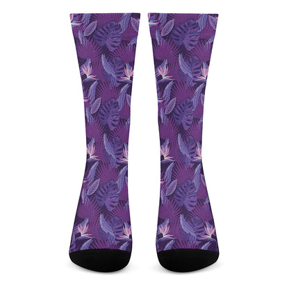 Dark Purple Hawaiian Tropical Print Crew Socks