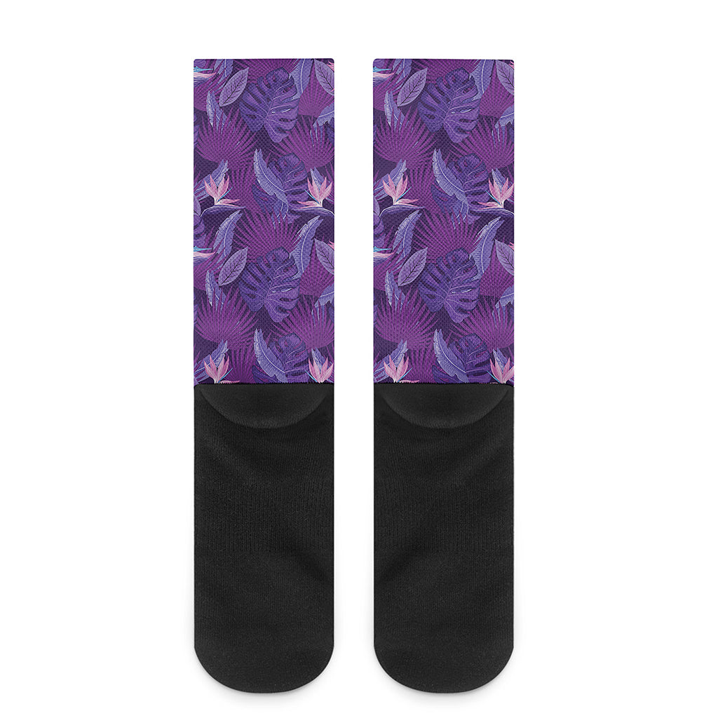 Dark Purple Hawaiian Tropical Print Crew Socks