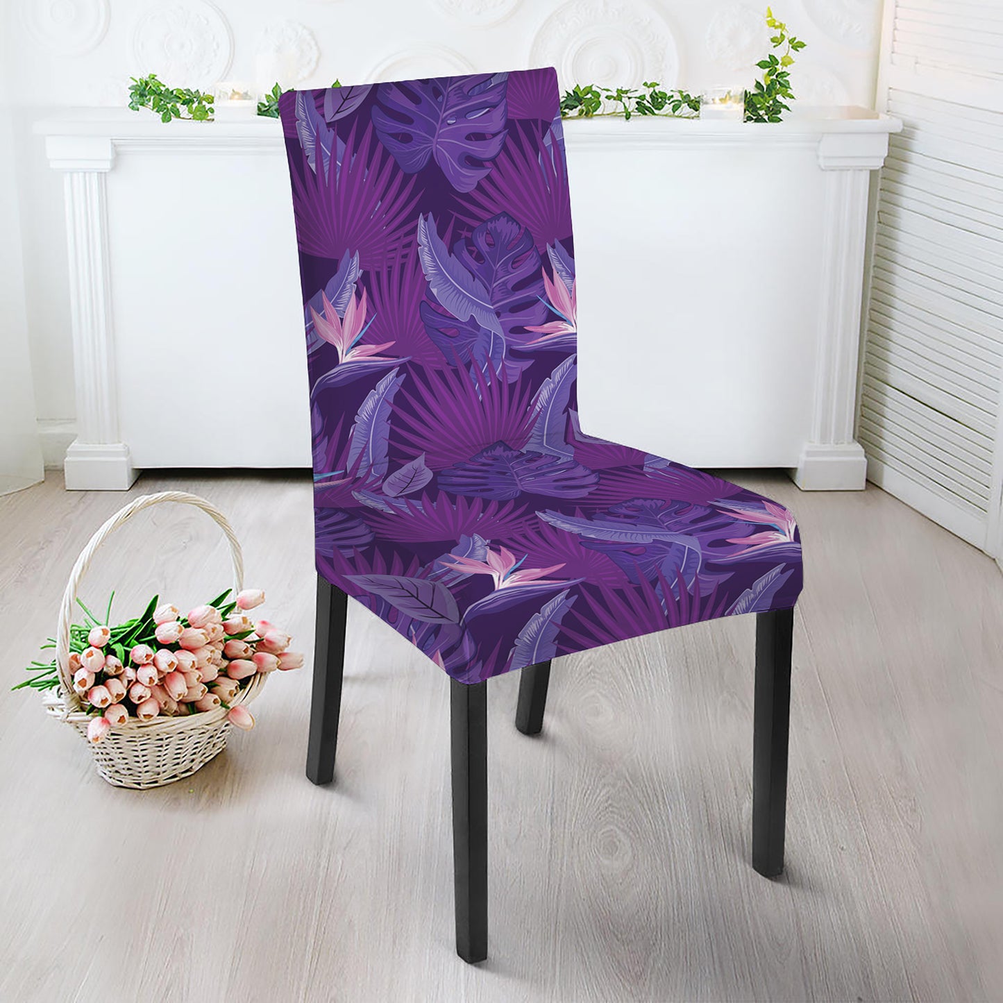 Dark Purple Hawaiian Tropical Print Dining Chair Slipcover