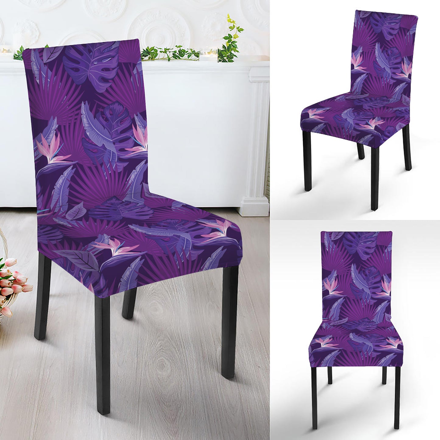 Dark Purple Hawaiian Tropical Print Dining Chair Slipcover