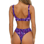 Dark Purple Hawaiian Tropical Print Front Bow Tie Bikini