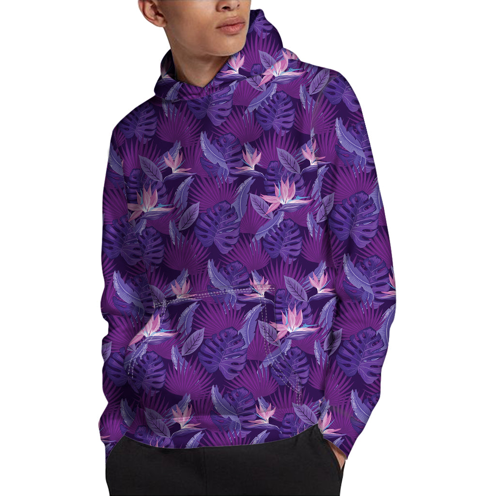 Dark Purple Hawaiian Tropical Print Pullover Hoodie