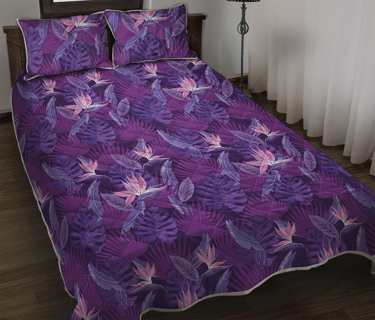 Dark Purple Hawaiian Tropical Print Quilt Bed Set