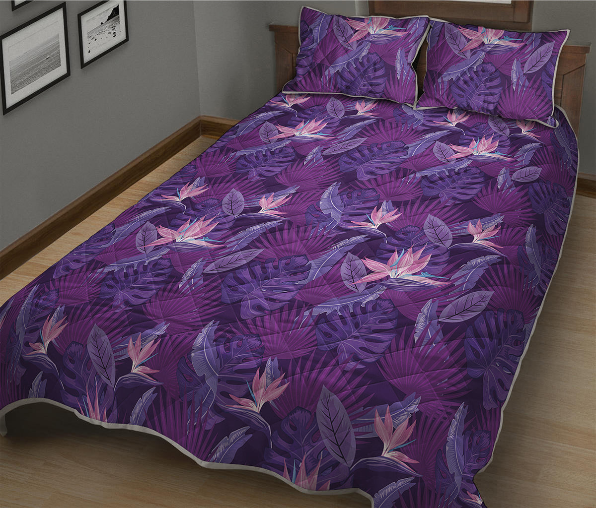 Dark Purple Hawaiian Tropical Print Quilt Bed Set