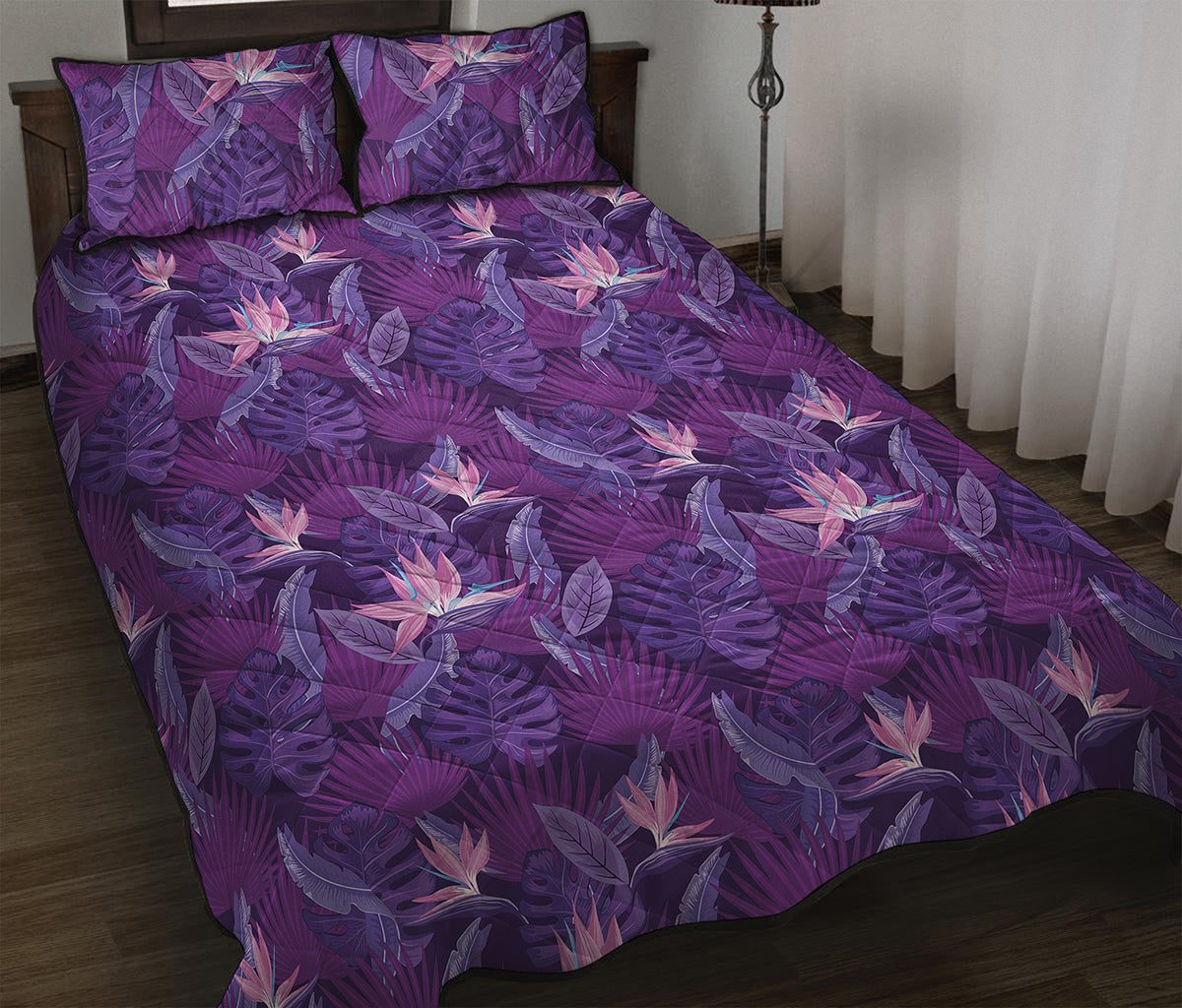 Dark Purple Hawaiian Tropical Print Quilt Bed Set