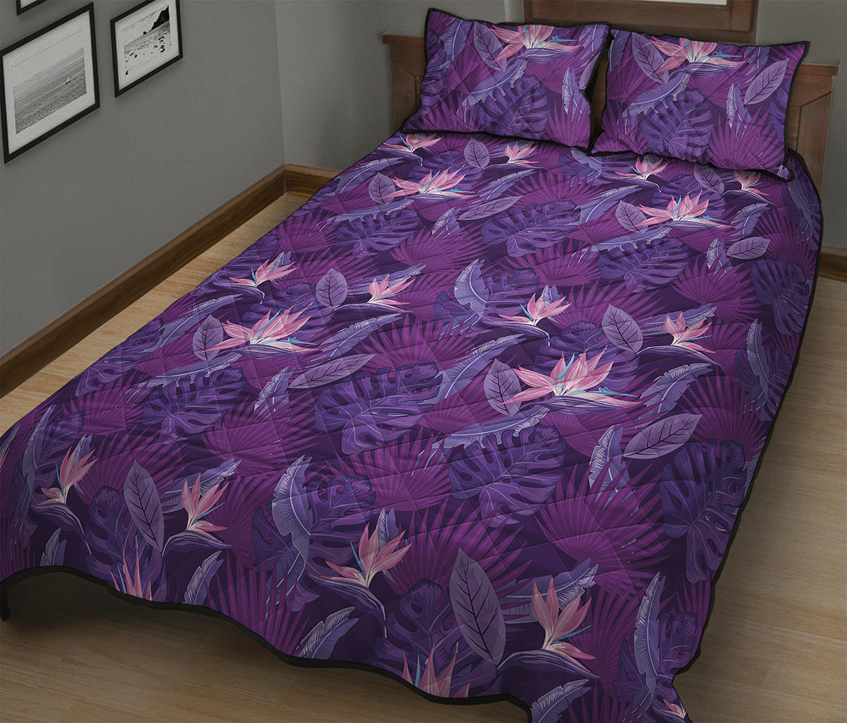 Dark Purple Hawaiian Tropical Print Quilt Bed Set