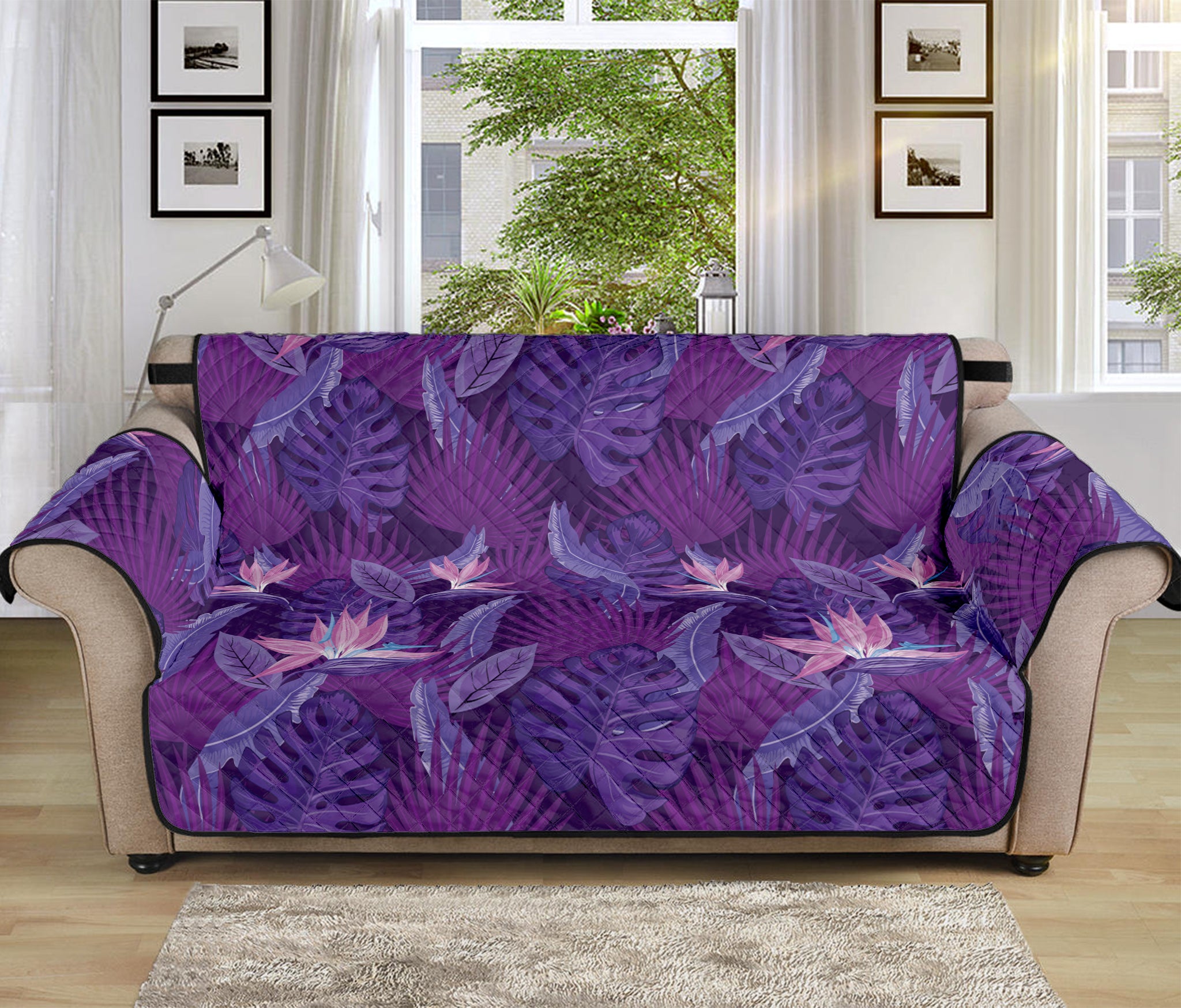 Dark Purple Hawaiian Tropical Print Sofa Protector