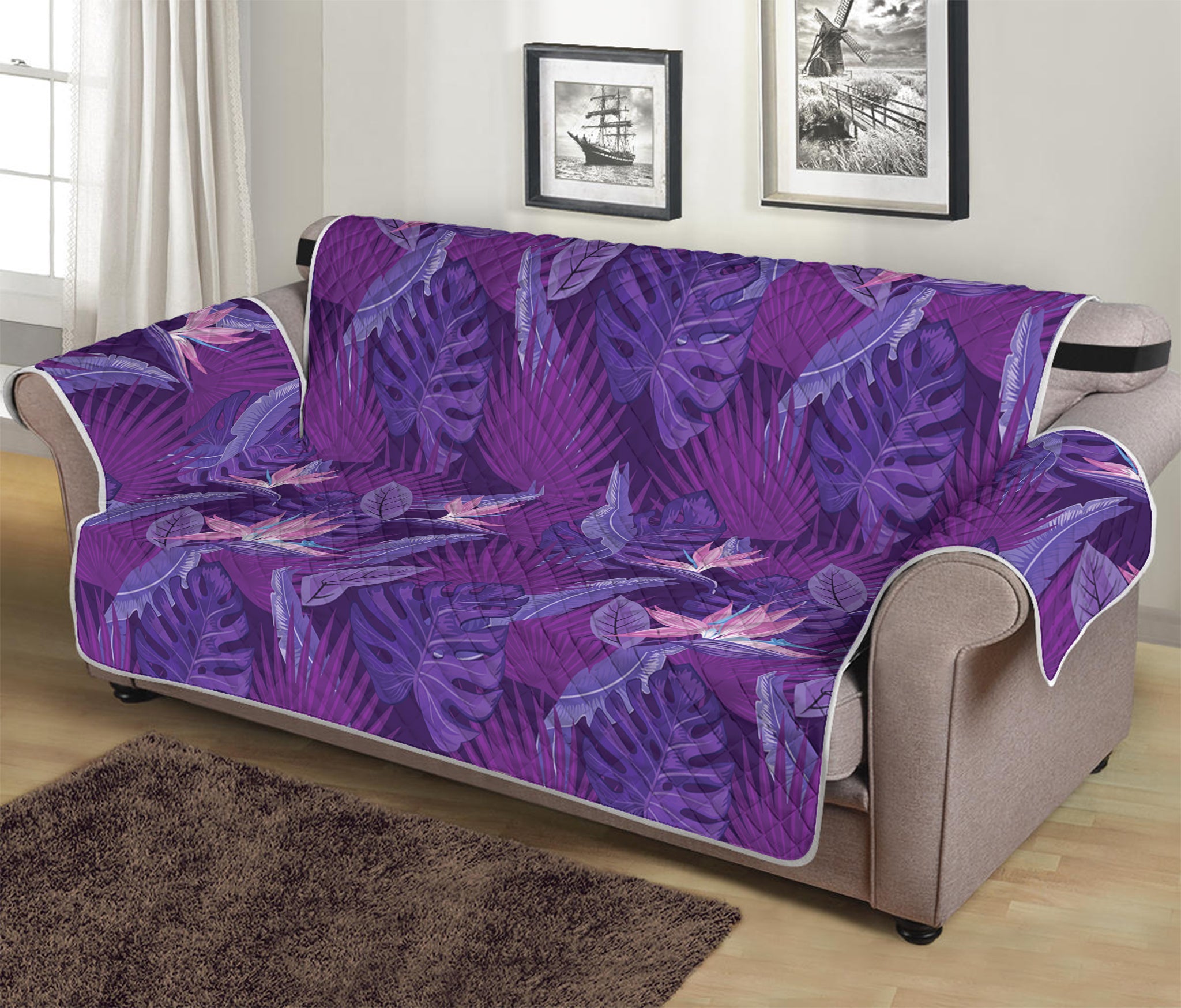 Dark Purple Hawaiian Tropical Print Sofa Protector