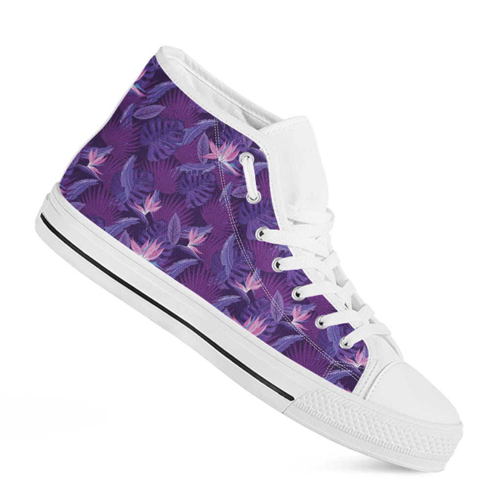 Dark Purple Hawaiian Tropical Print White High Top Shoes