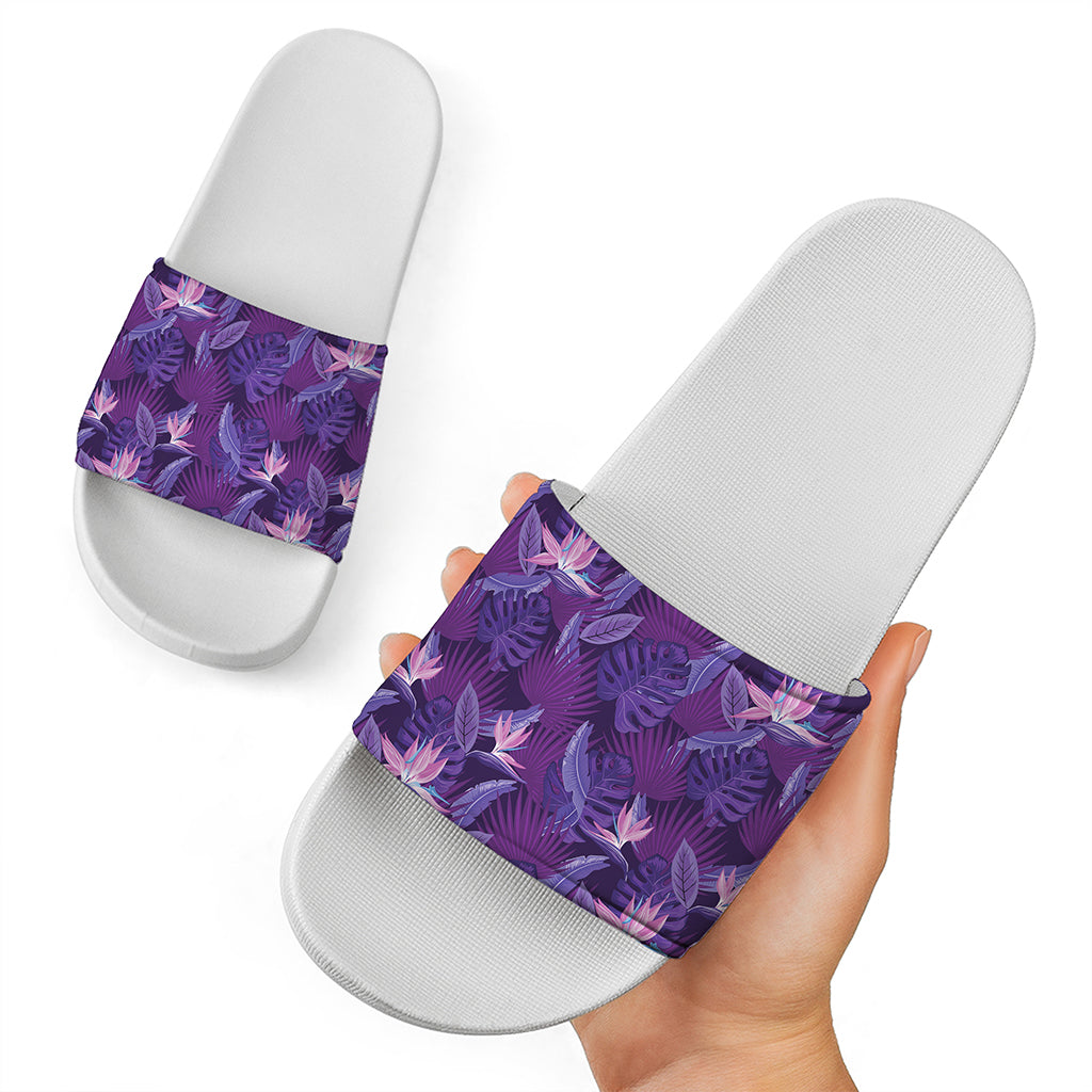 Dark Purple Hawaiian Tropical Print White Slide Sandals