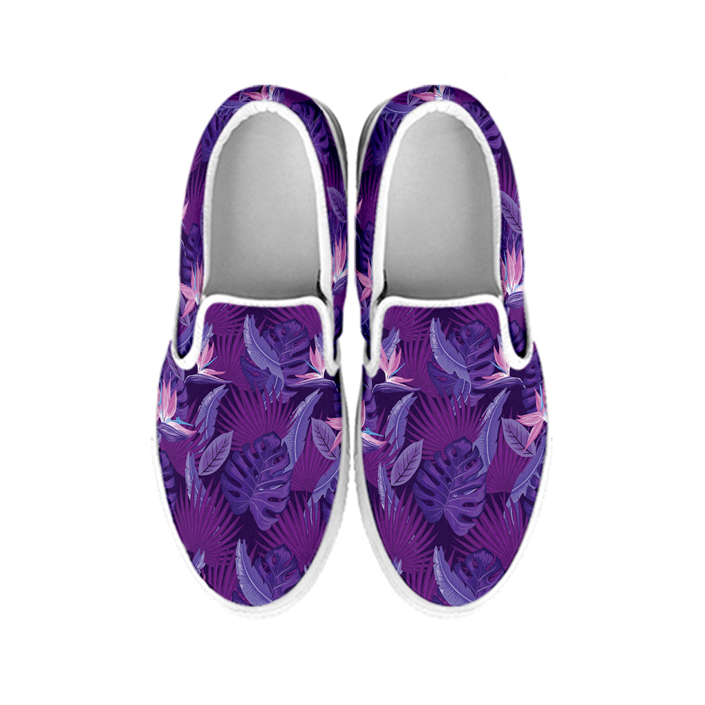 Dark Purple Hawaiian Tropical Print White Slip On Shoes