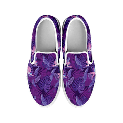 Dark Purple Hawaiian Tropical Print White Slip On Shoes